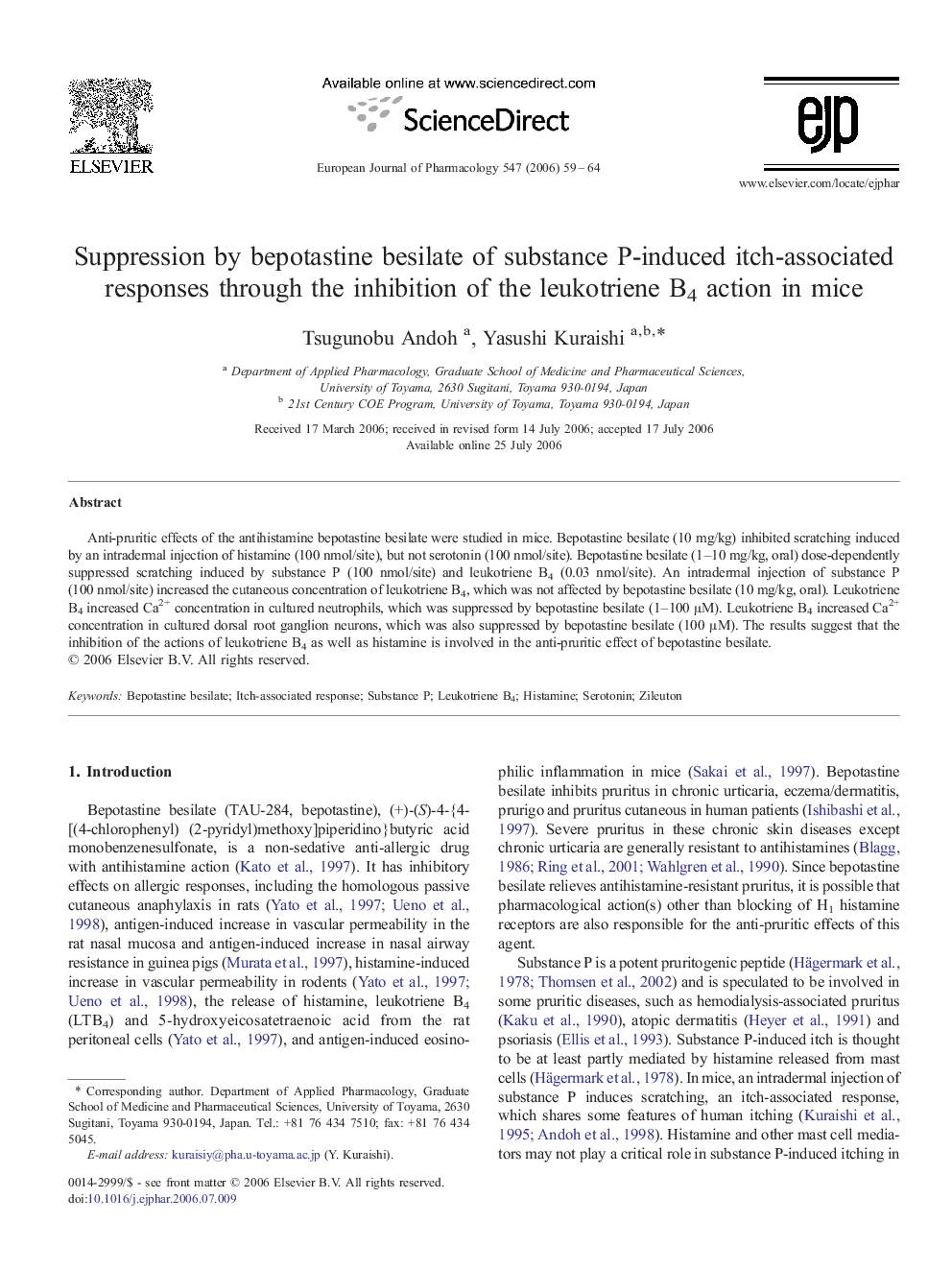 Suppression by bepotastine besilate of substance P-induced itch-associated responses through the inhibition of the leukotriene B4 action in mice