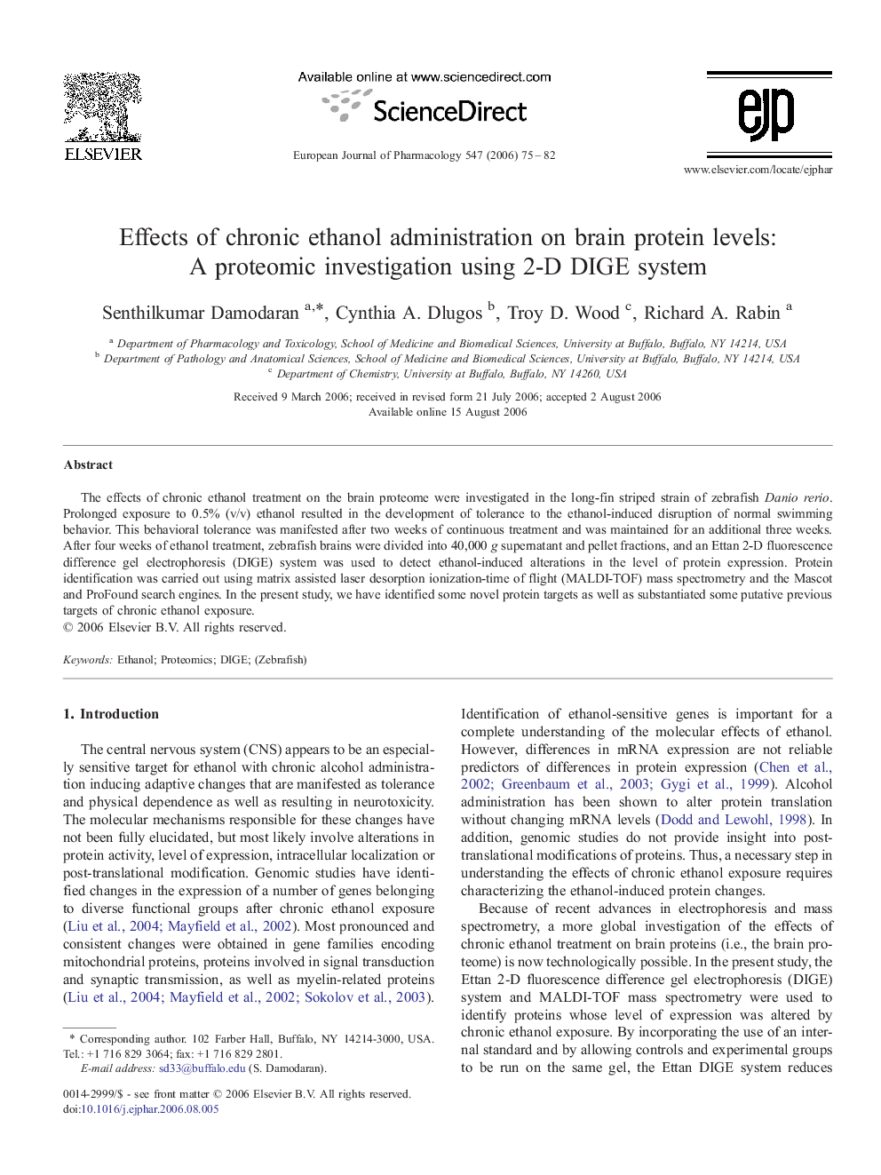 Effects of chronic ethanol administration on brain protein levels: A proteomic investigation using 2-D DIGE system