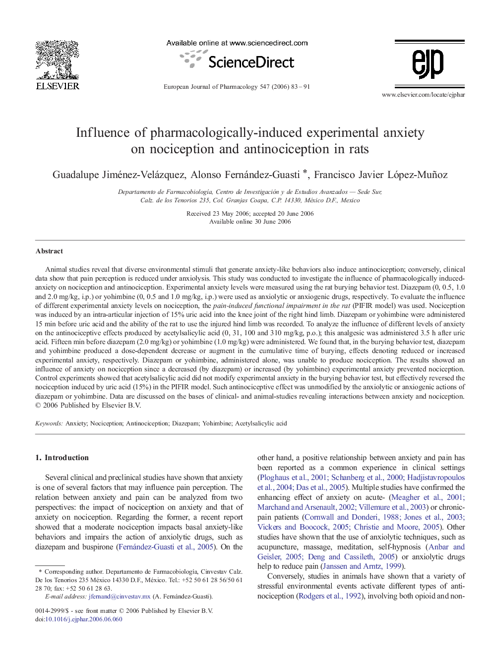 Influence of pharmacologically-induced experimental anxiety on nociception and antinociception in rats