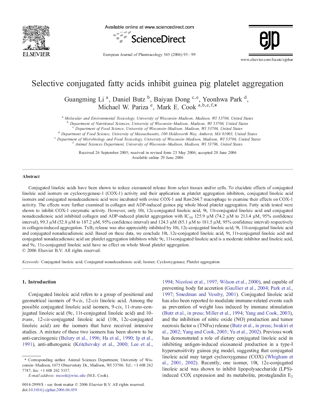 Selective conjugated fatty acids inhibit guinea pig platelet aggregation