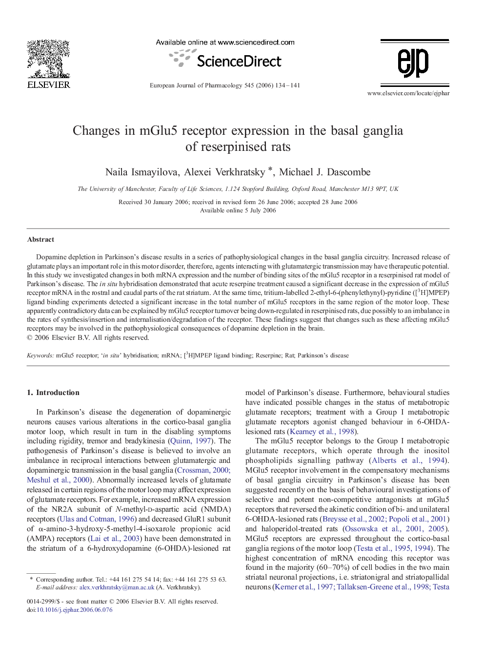 Changes in mGlu5 receptor expression in the basal ganglia of reserpinised rats