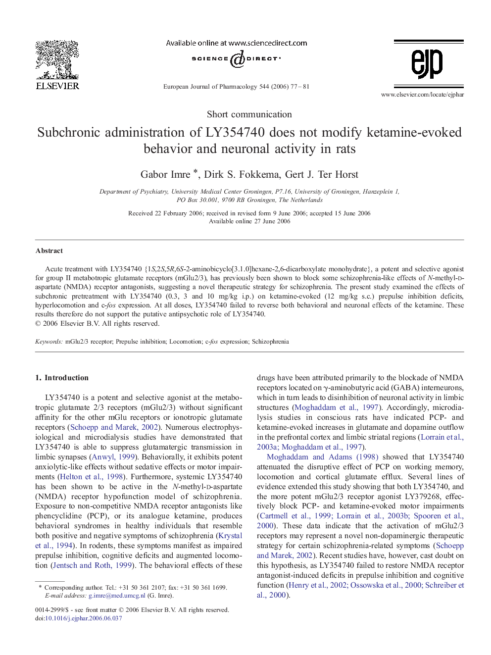 Subchronic administration of LY354740 does not modify ketamine-evoked behavior and neuronal activity in rats