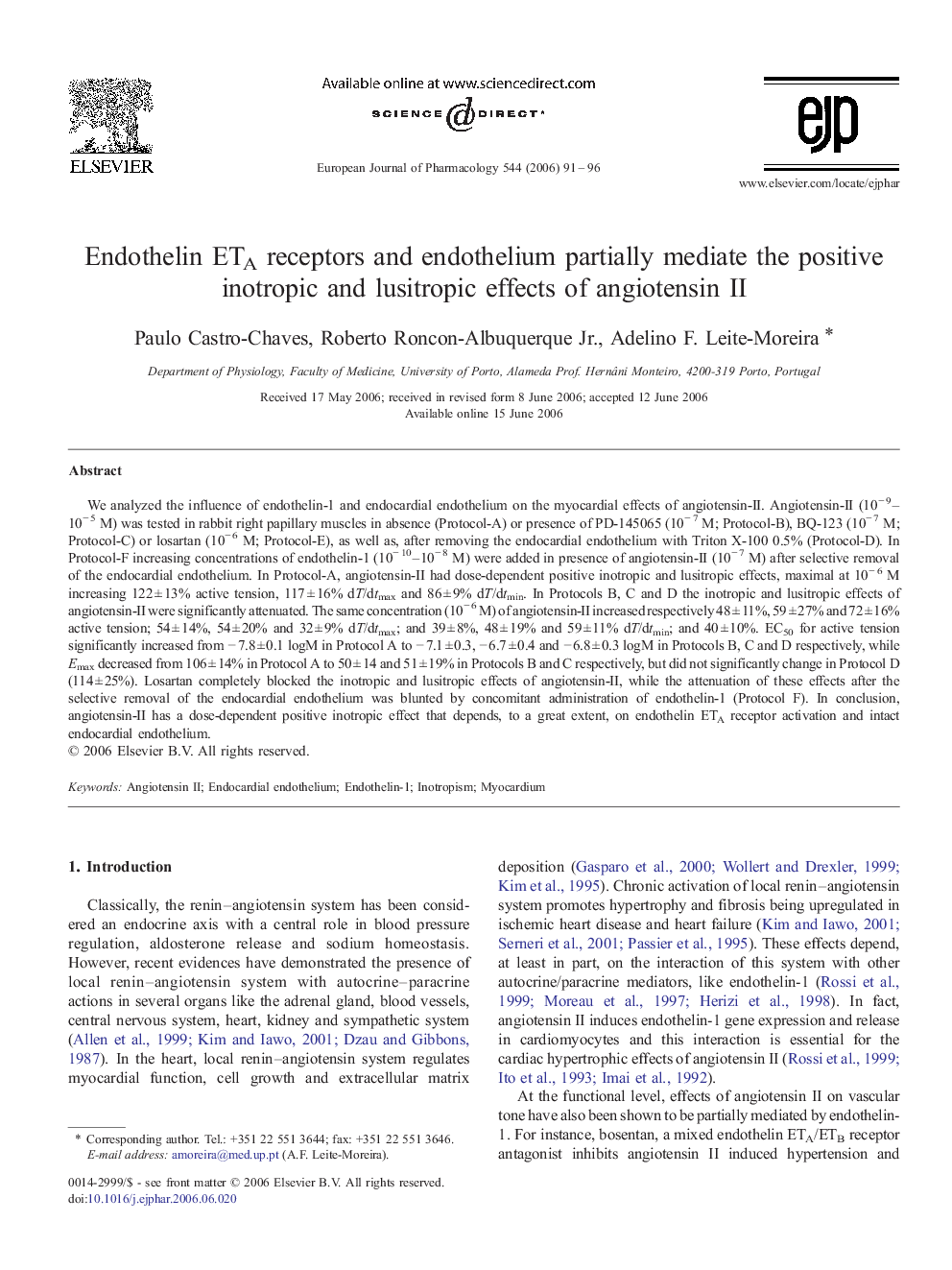 Endothelin ETA receptors and endothelium partially mediate the positive inotropic and lusitropic effects of angiotensin II