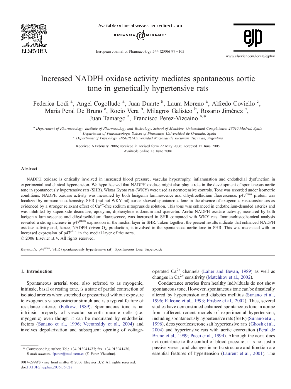 Increased NADPH oxidase activity mediates spontaneous aortic tone in genetically hypertensive rats