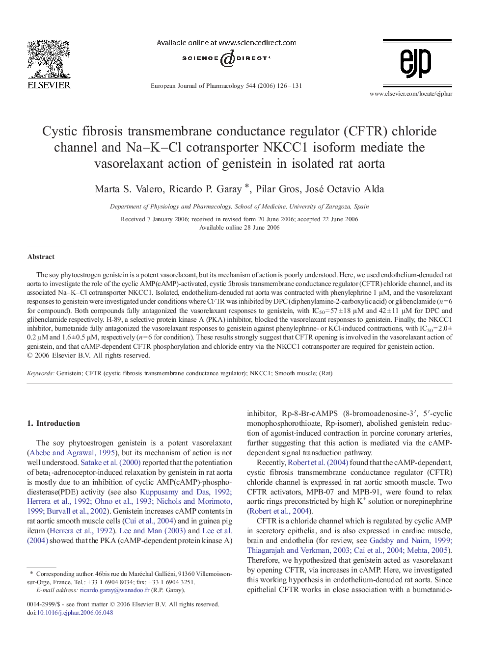 Cystic fibrosis transmembrane conductance regulator (CFTR) chloride channel and Na–K–Cl cotransporter NKCC1 isoform mediate the vasorelaxant action of genistein in isolated rat aorta