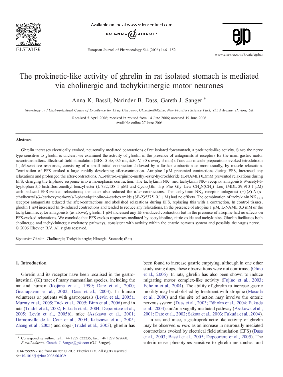 The prokinetic-like activity of ghrelin in rat isolated stomach is mediated via cholinergic and tachykininergic motor neurones