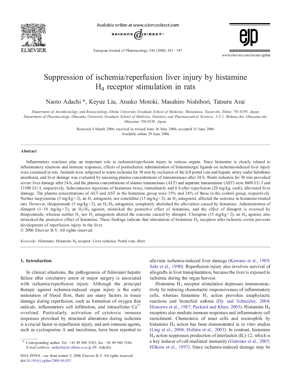 Suppression of ischemia/reperfusion liver injury by histamine H4 receptor stimulation in rats