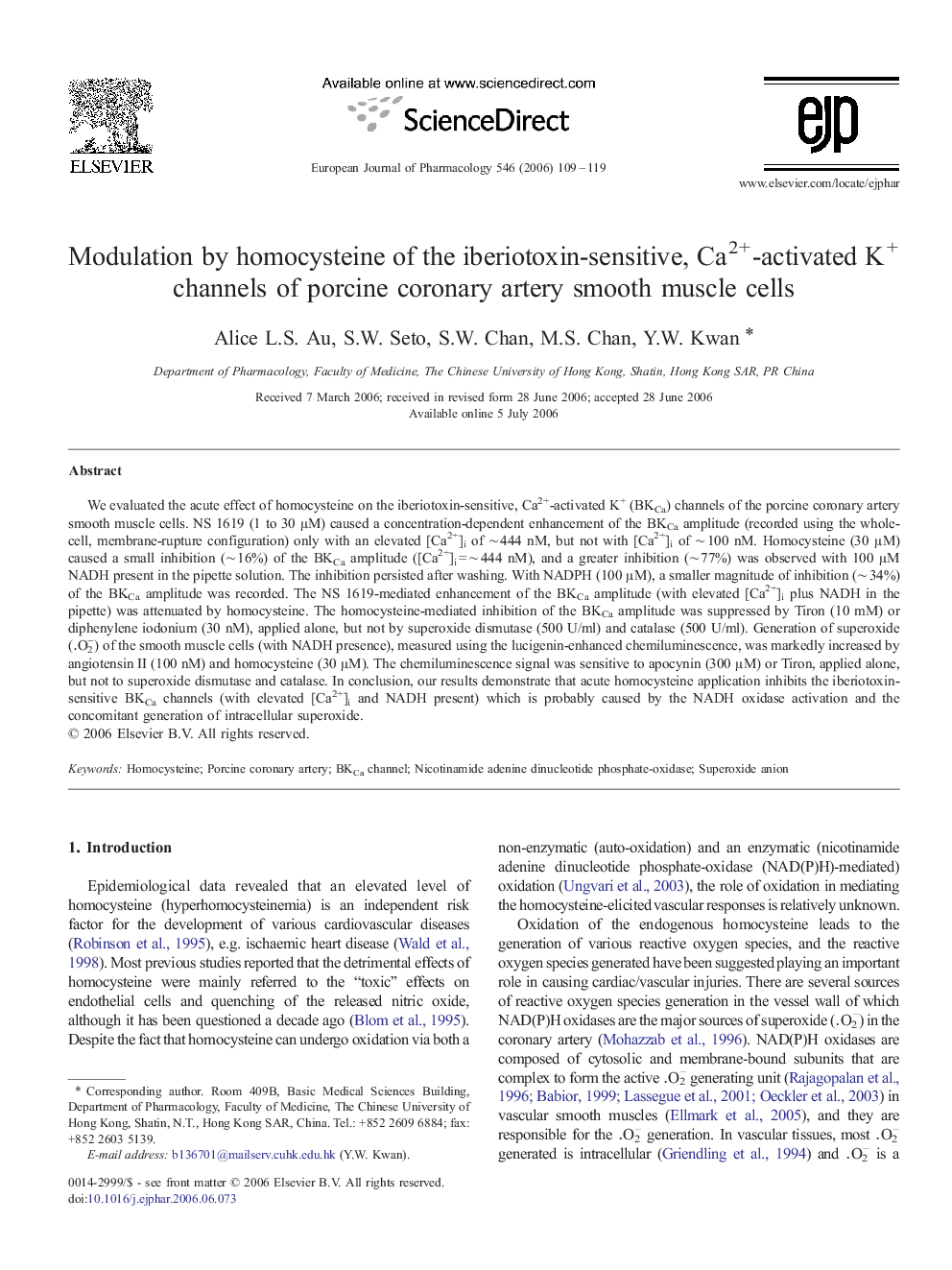 Modulation by homocysteine of the iberiotoxin-sensitive, Ca2+-activated K+ channels of porcine coronary artery smooth muscle cells