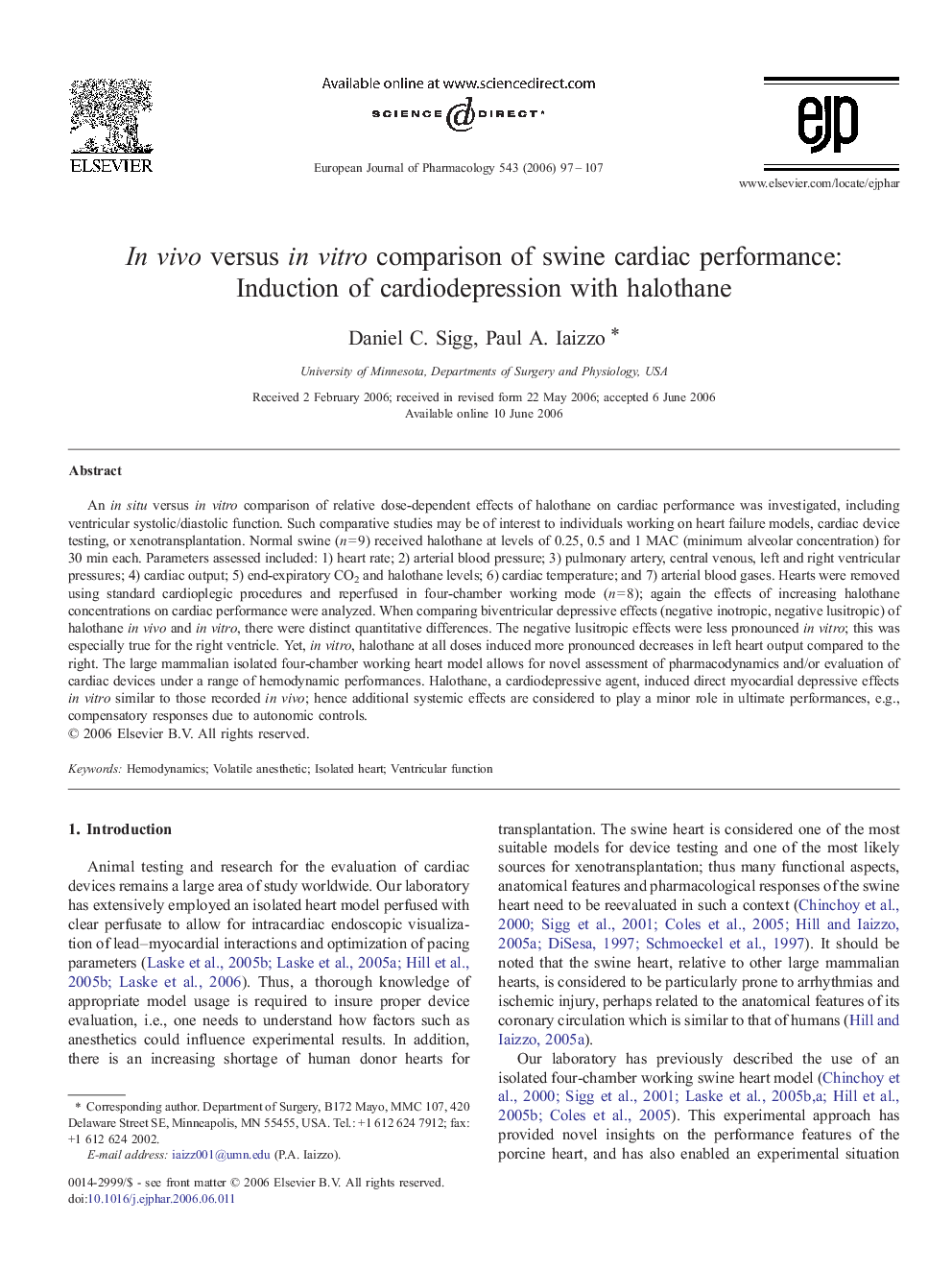 In vivo versus in vitro comparison of swine cardiac performance: Induction of cardiodepression with halothane