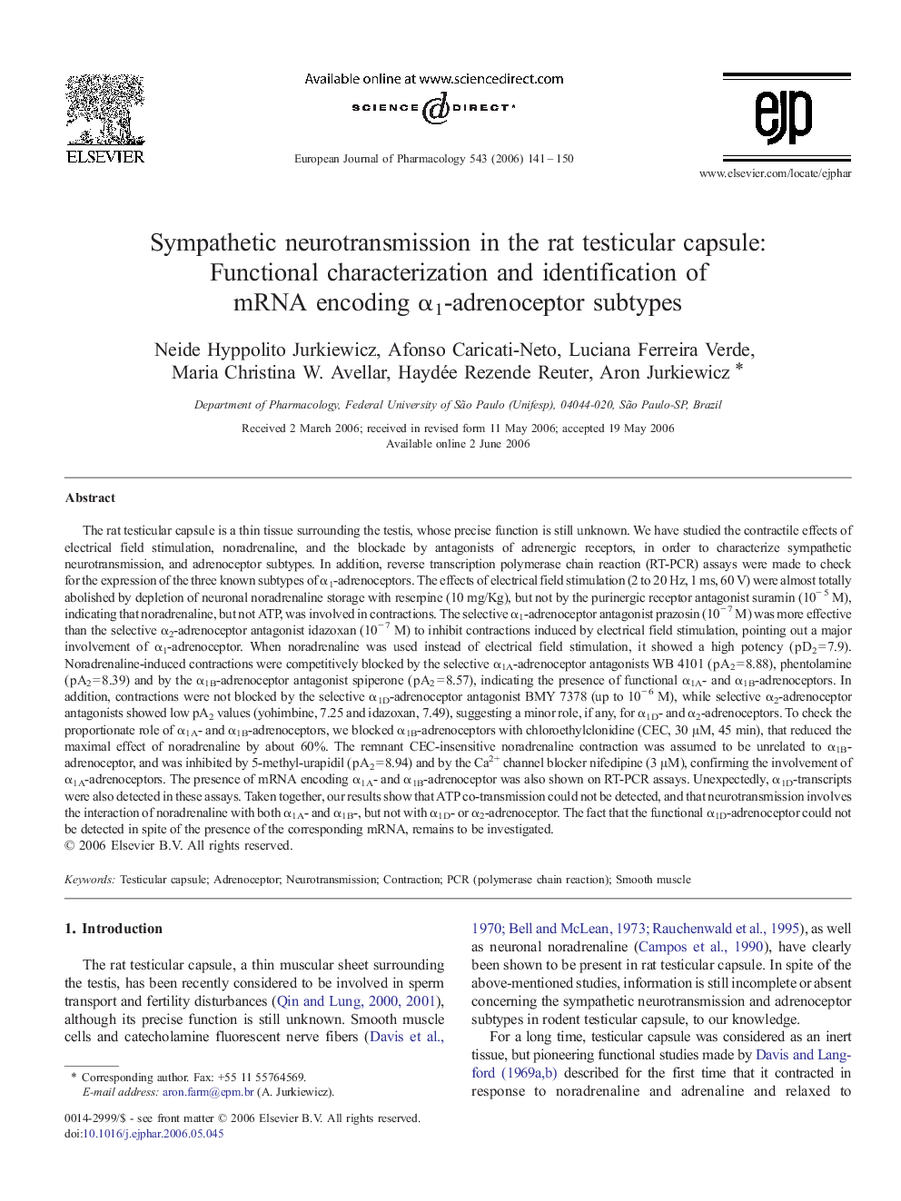 Sympathetic neurotransmission in the rat testicular capsule: Functional characterization and identification of mRNA encoding α1-adrenoceptor subtypes