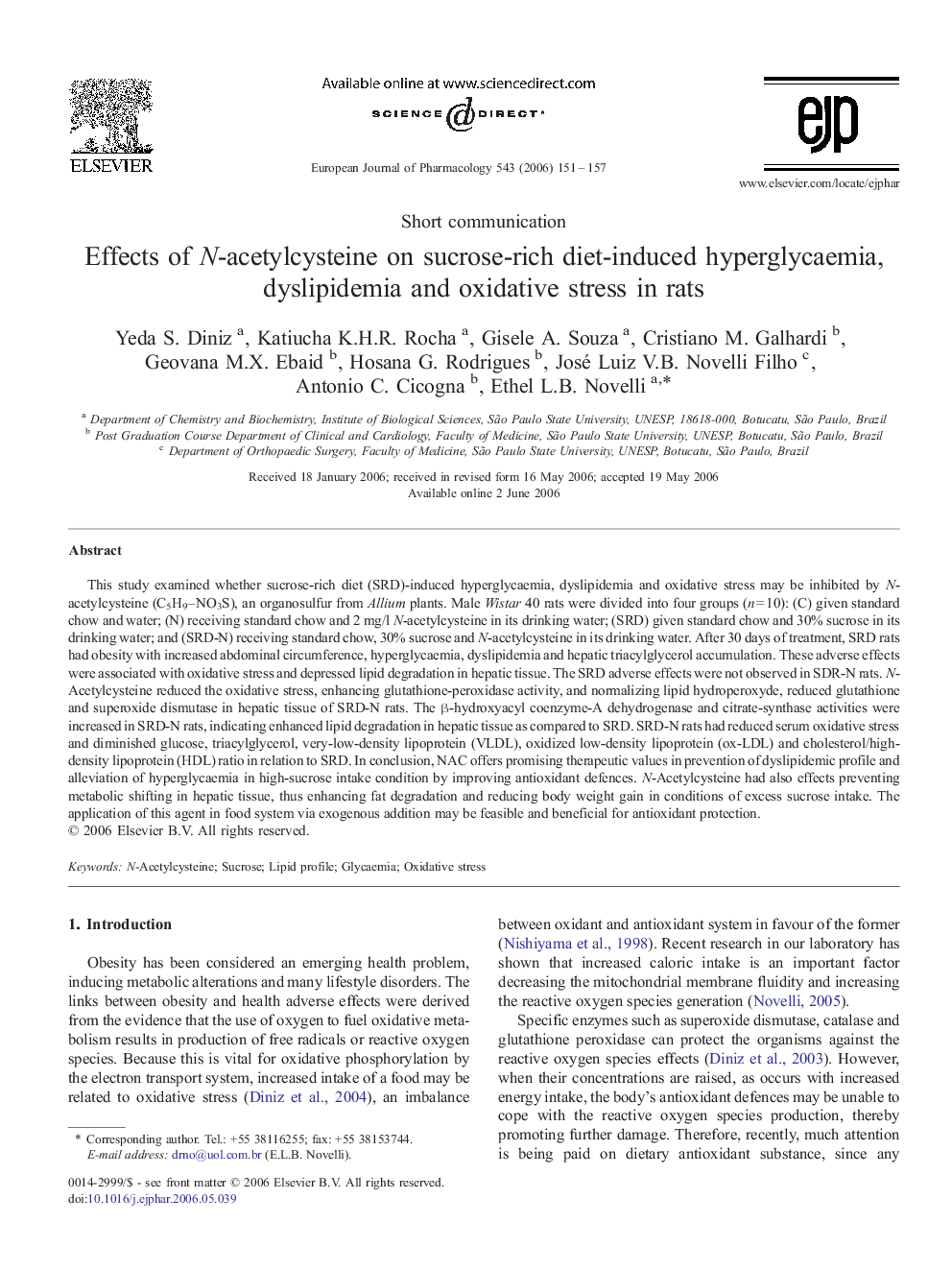 Effects of N-acetylcysteine on sucrose-rich diet-induced hyperglycaemia, dyslipidemia and oxidative stress in rats