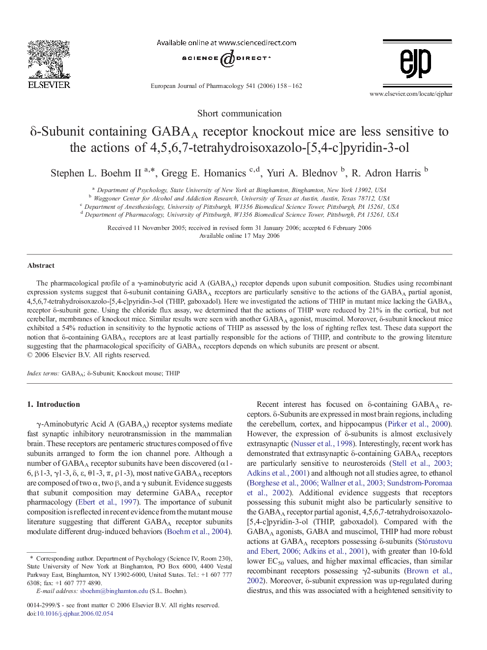 Î´-Subunit containing GABAA receptor knockout mice are less sensitive to the actions of 4,5,6,7-tetrahydroisoxazolo-[5,4-c]pyridin-3-ol