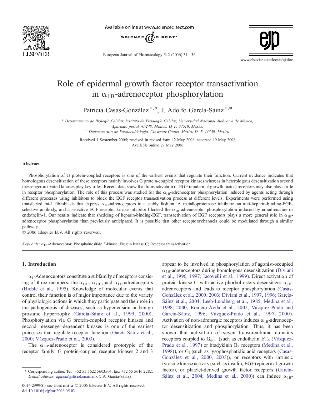 Role of epidermal growth factor receptor transactivation in α1B-adrenoceptor phosphorylation