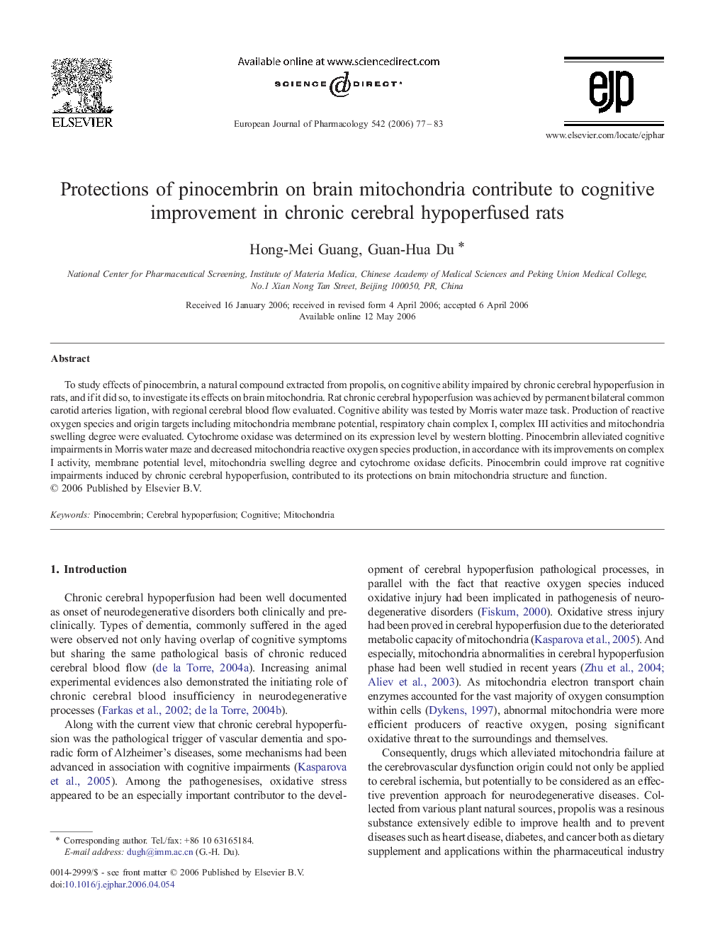 Protections of pinocembrin on brain mitochondria contribute to cognitive improvement in chronic cerebral hypoperfused rats