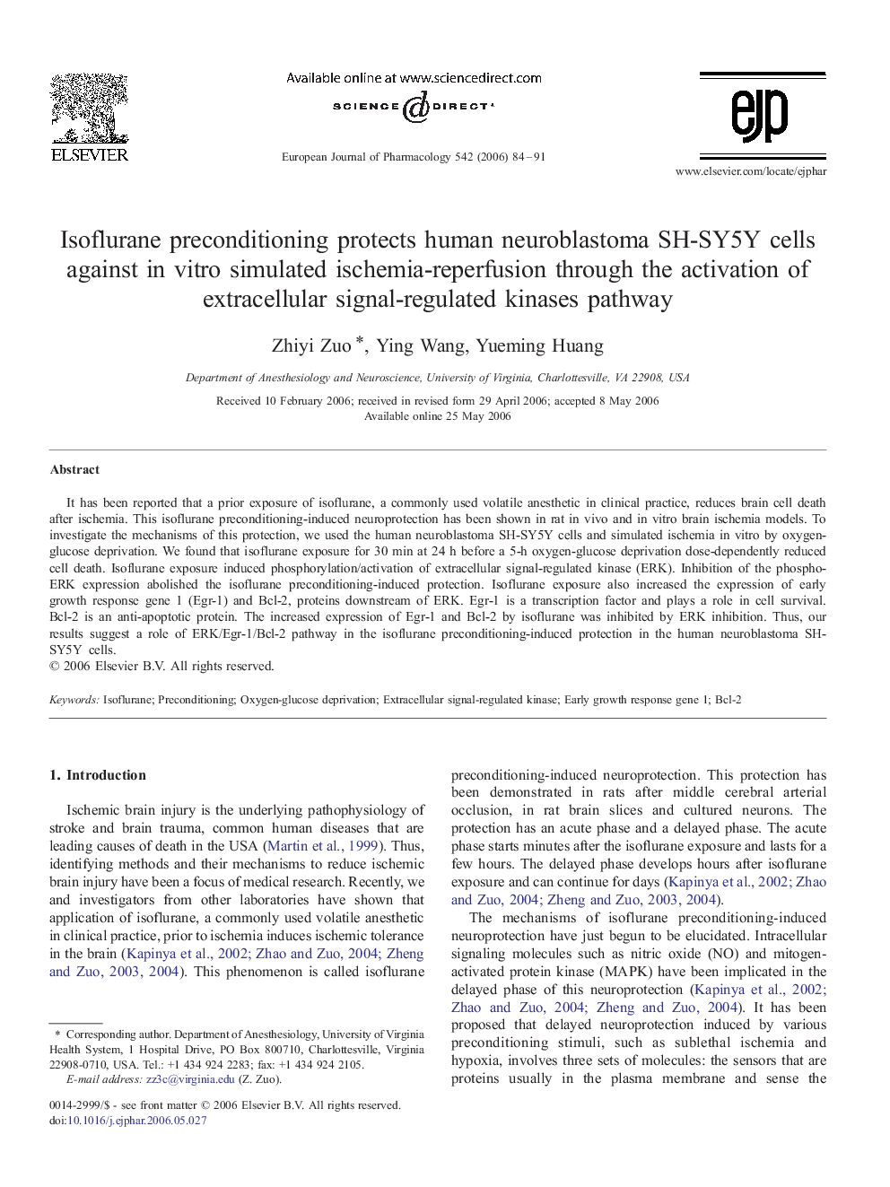 Isoflurane preconditioning protects human neuroblastoma SH-SY5Y cells against in vitro simulated ischemia-reperfusion through the activation of extracellular signal-regulated kinases pathway