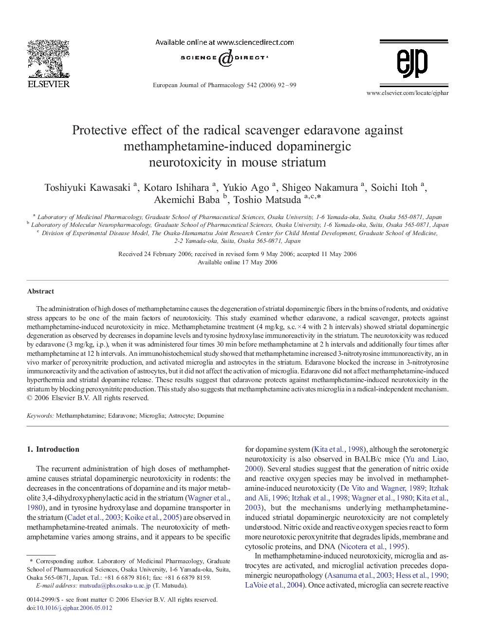 Protective effect of the radical scavenger edaravone against methamphetamine-induced dopaminergic neurotoxicity in mouse striatum