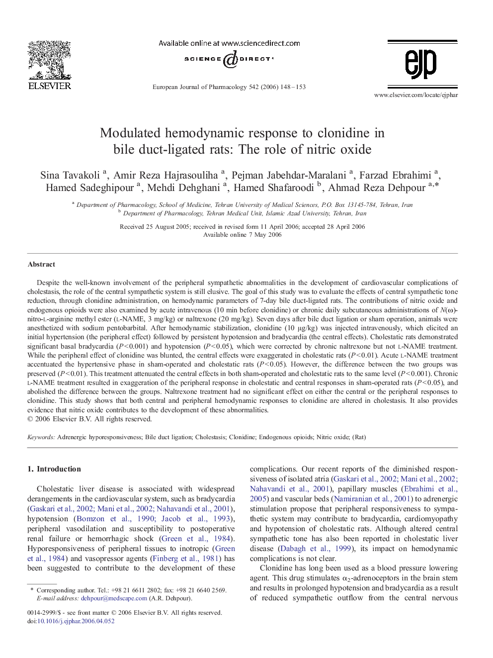 Modulated hemodynamic response to clonidine in bile duct-ligated rats: The role of nitric oxide