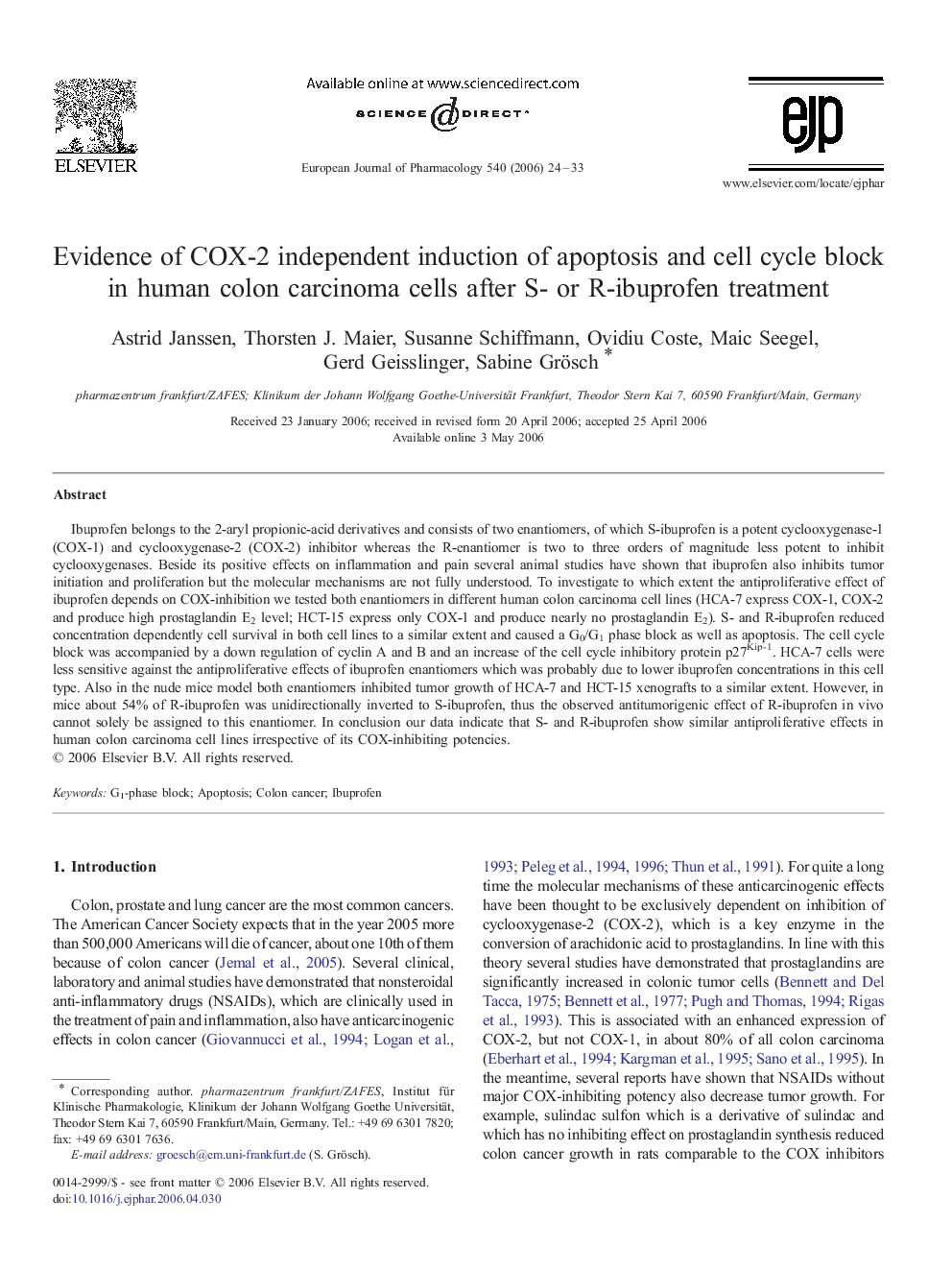 Evidence of COX-2 independent induction of apoptosis and cell cycle block in human colon carcinoma cells after S- or R-ibuprofen treatment