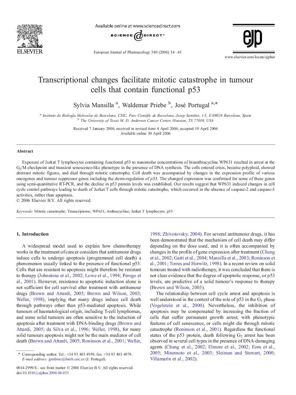 Transcriptional changes facilitate mitotic catastrophe in tumour cells that contain functional p53