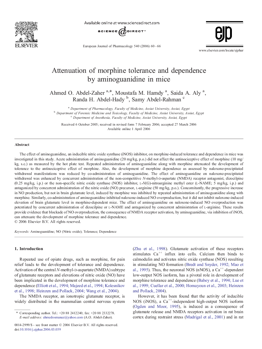 Attenuation of morphine tolerance and dependence by aminoguanidine in mice