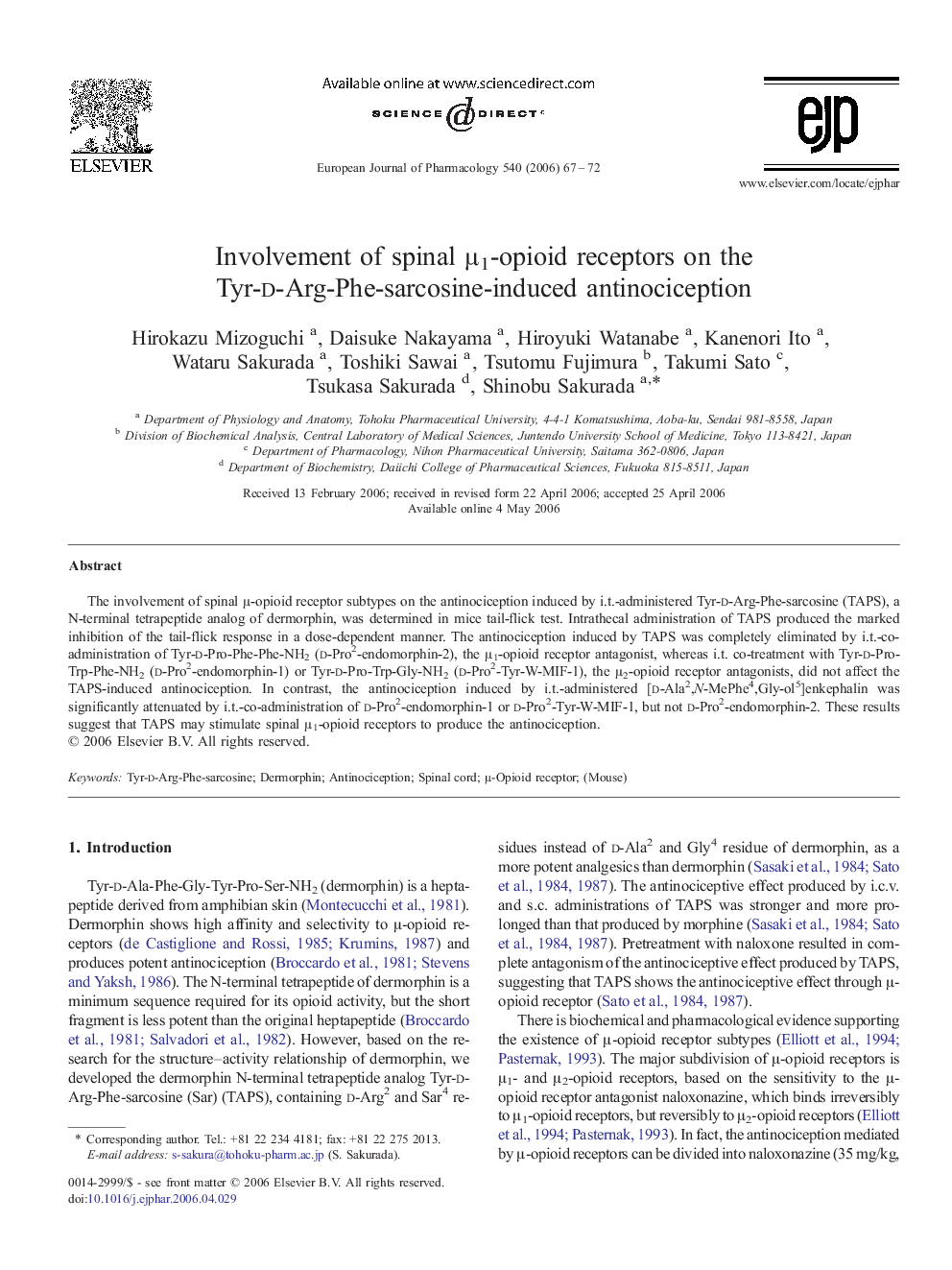 Involvement of spinal μ1-opioid receptors on the Tyr-d-Arg-Phe-sarcosine-induced antinociception