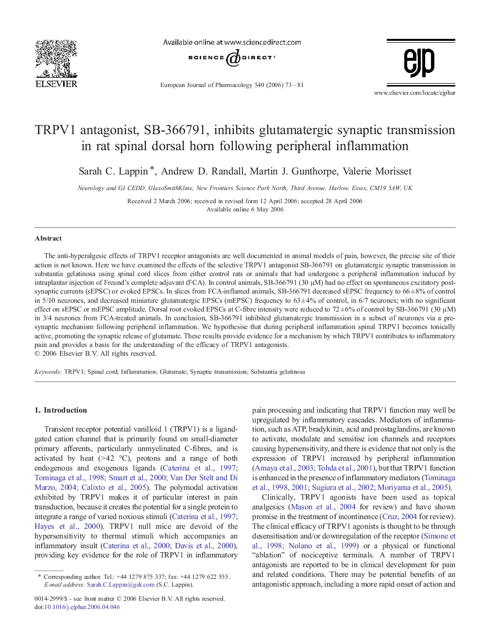 TRPV1 antagonist, SB-366791, inhibits glutamatergic synaptic transmission in rat spinal dorsal horn following peripheral inflammation