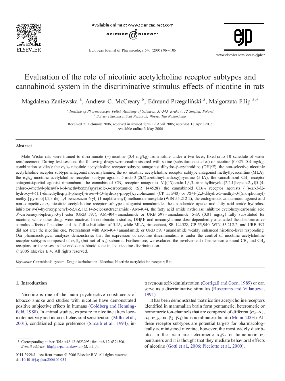 Evaluation of the role of nicotinic acetylcholine receptor subtypes and cannabinoid system in the discriminative stimulus effects of nicotine in rats