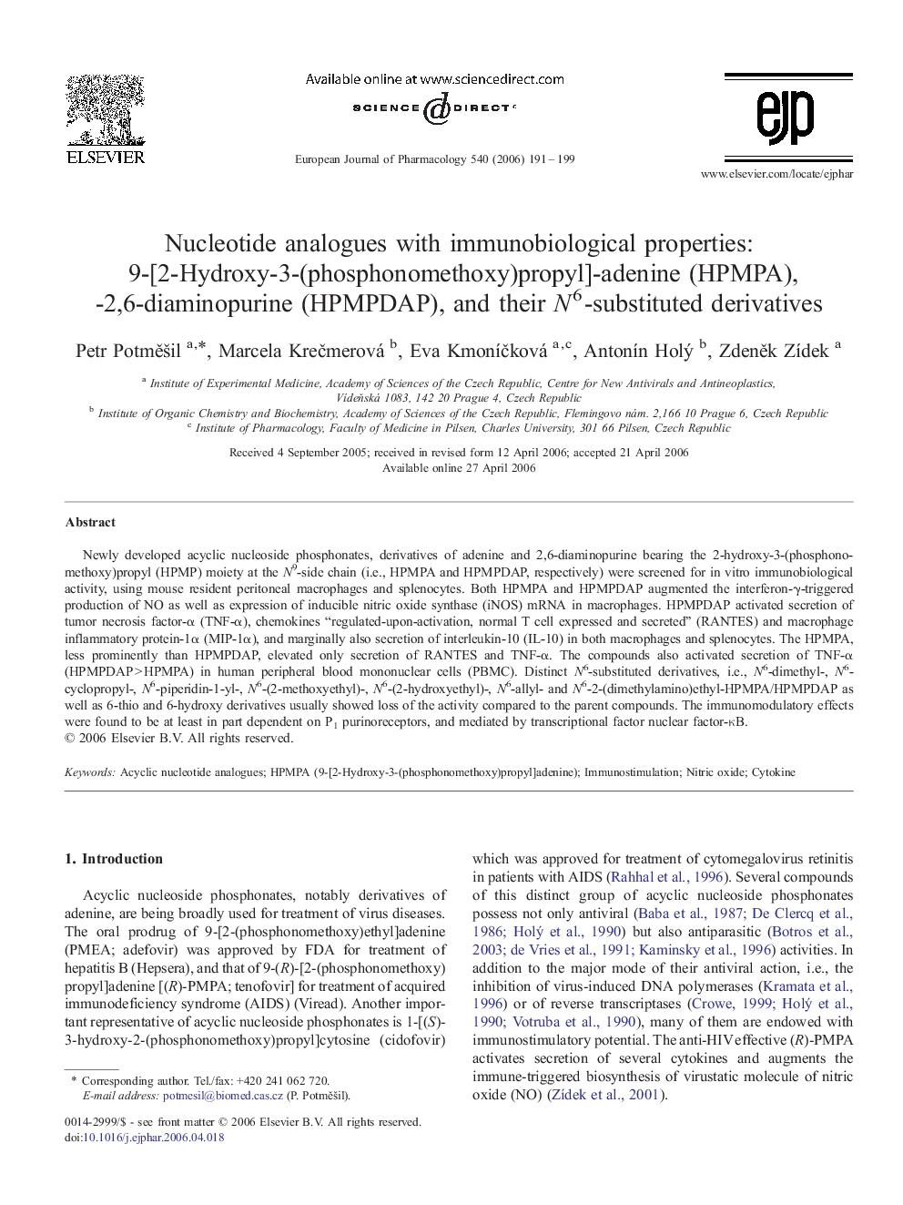 Nucleotide analogues with immunobiological properties: 9-[2-Hydroxy-3-(phosphonomethoxy)propyl]-adenine (HPMPA), -2,6-diaminopurine (HPMPDAP), and their N6-substituted derivatives