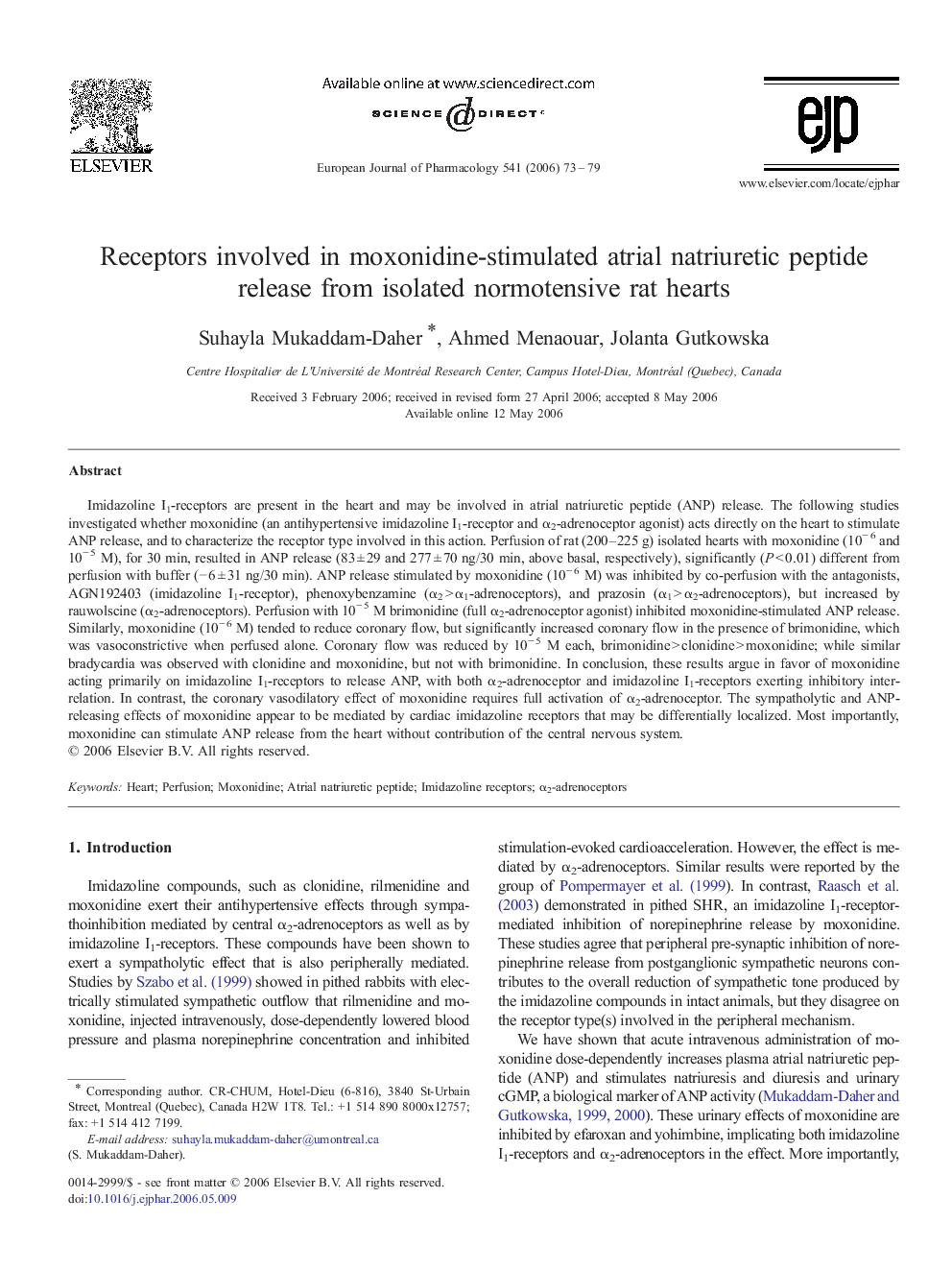 Receptors involved in moxonidine-stimulated atrial natriuretic peptide release from isolated normotensive rat hearts