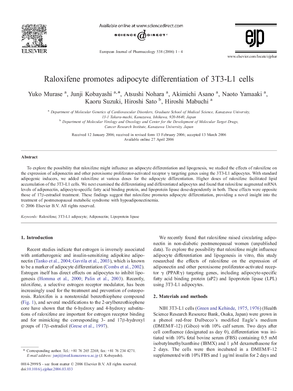 Raloxifene promotes adipocyte differentiation of 3T3-L1 cells