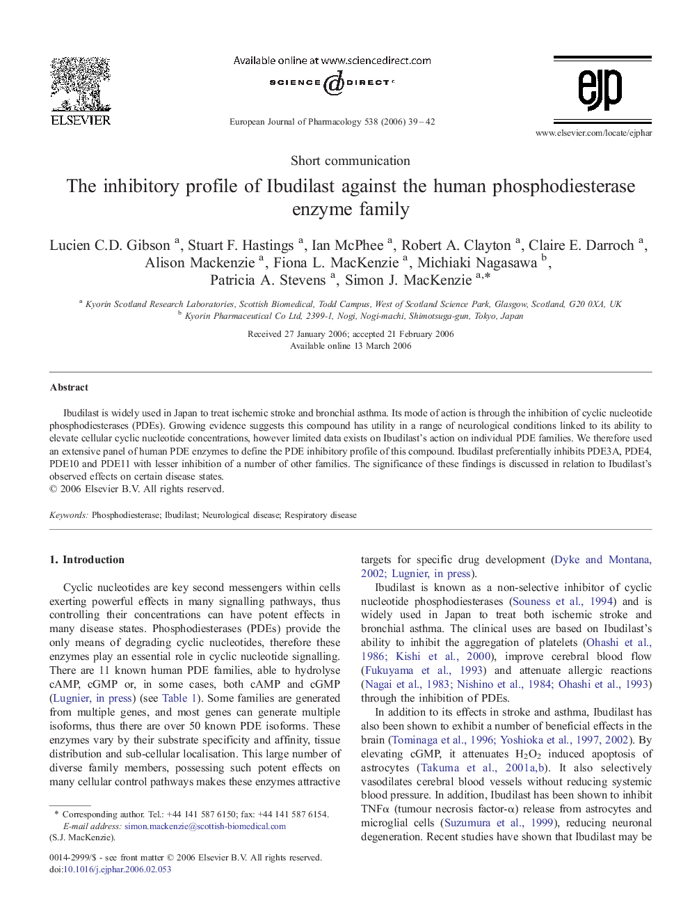 The inhibitory profile of Ibudilast against the human phosphodiesterase enzyme family