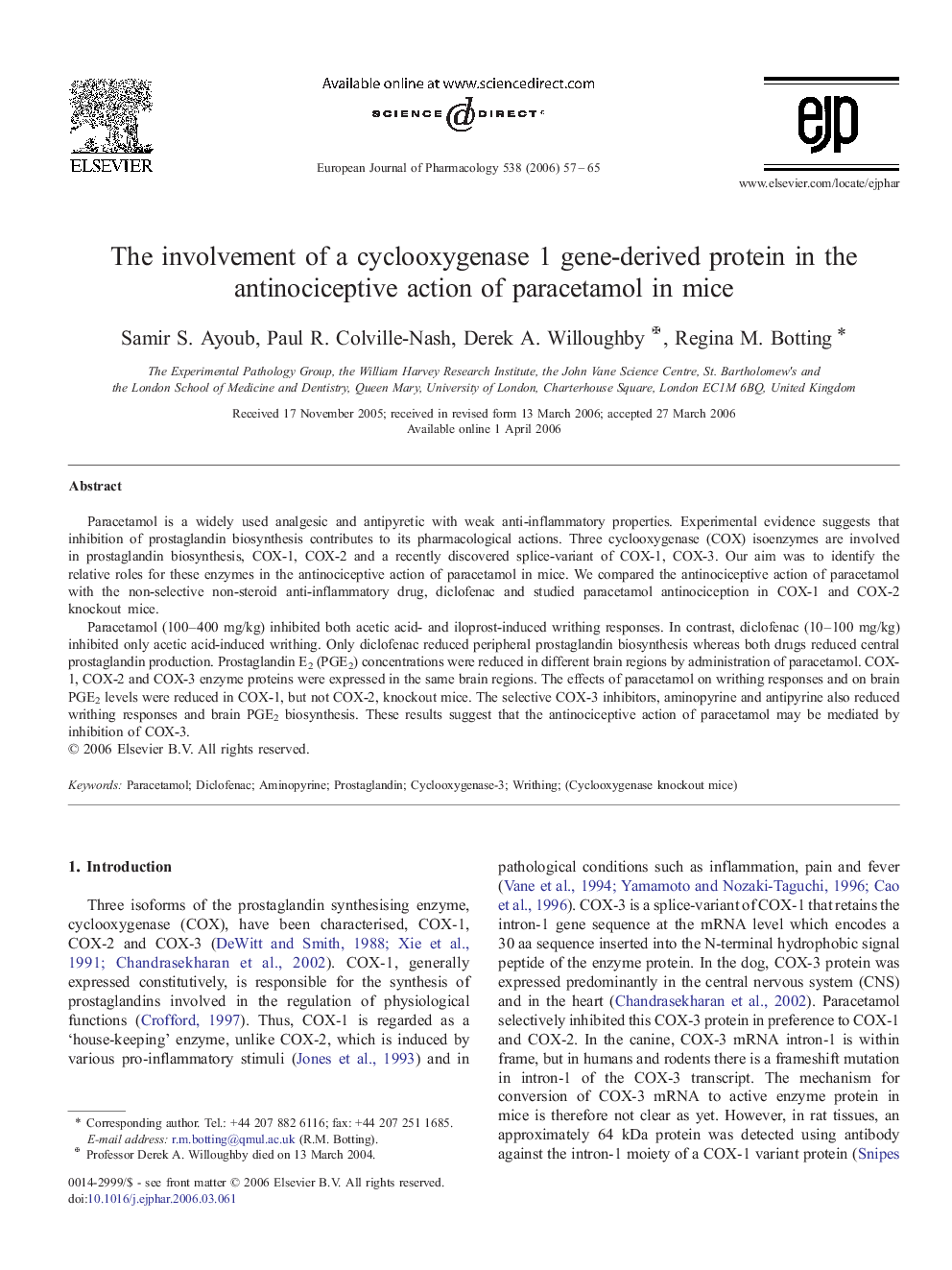 The involvement of a cyclooxygenase 1 gene-derived protein in the antinociceptive action of paracetamol in mice