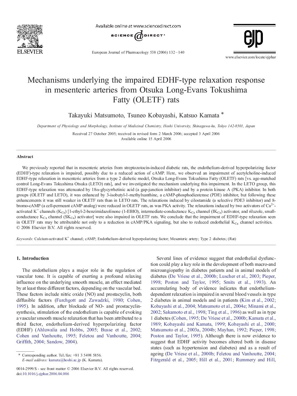 Mechanisms underlying the impaired EDHF-type relaxation response in mesenteric arteries from Otsuka Long-Evans Tokushima Fatty (OLETF) rats