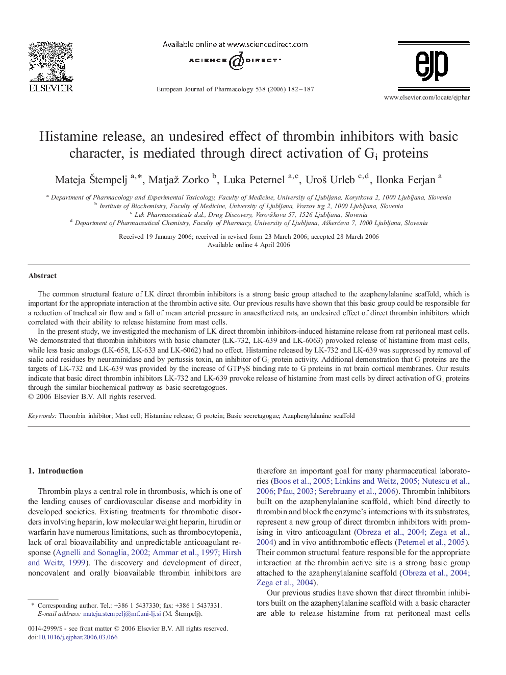 Histamine release, an undesired effect of thrombin inhibitors with basic character, is mediated through direct activation of Gi proteins