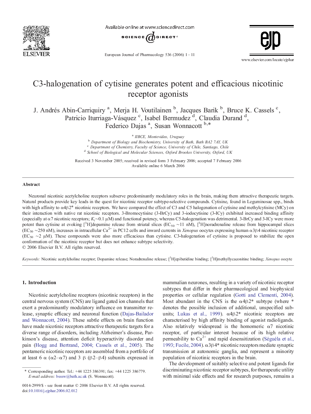 C3-halogenation of cytisine generates potent and efficacious nicotinic receptor agonists