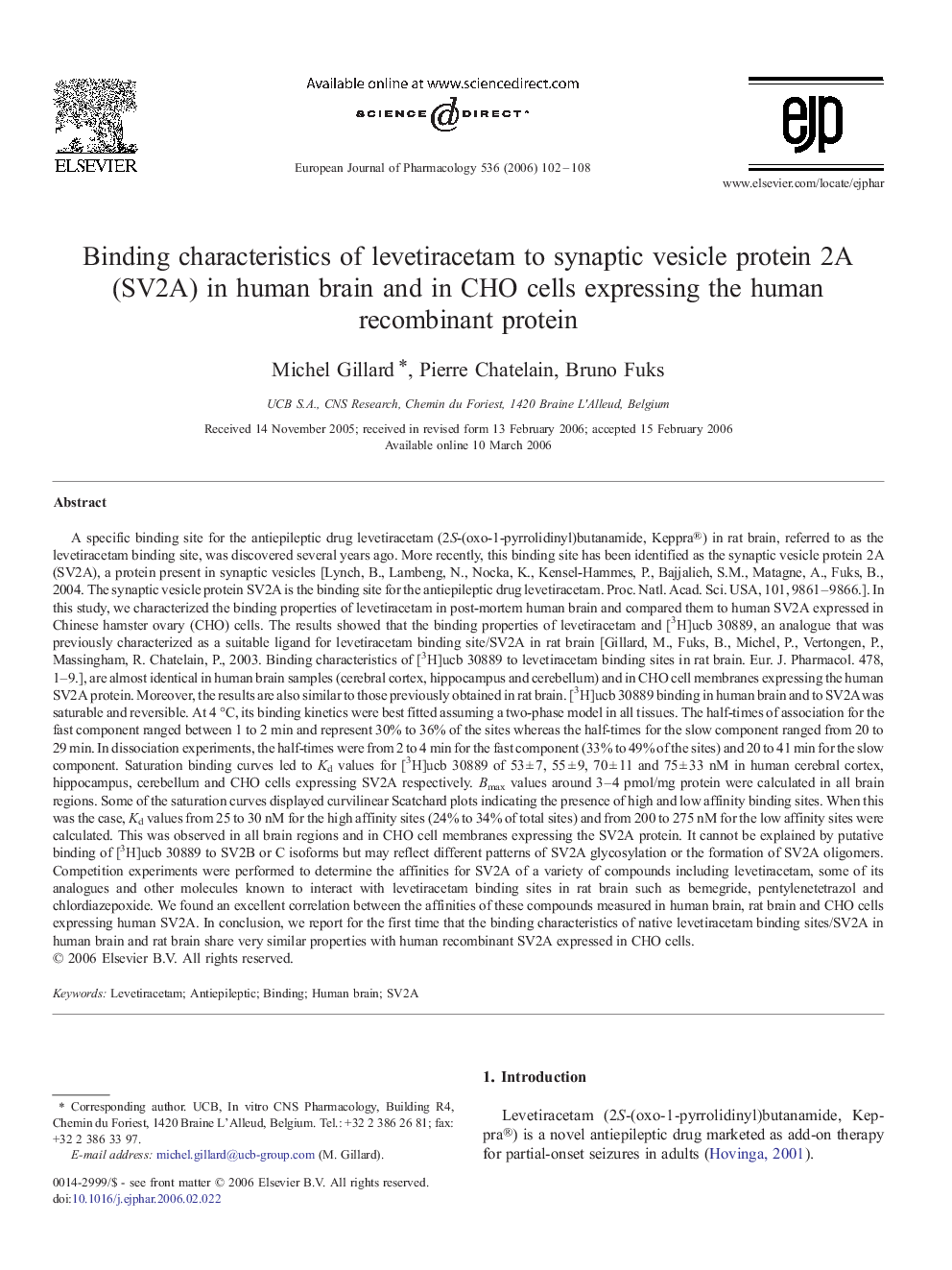 Binding characteristics of levetiracetam to synaptic vesicle protein 2A (SV2A) in human brain and in CHO cells expressing the human recombinant protein