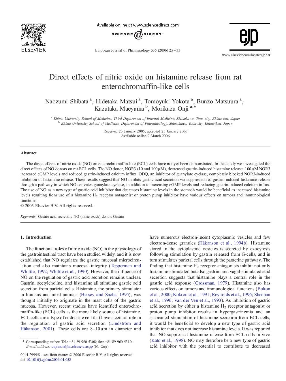 Direct effects of nitric oxide on histamine release from rat enterochromaffin-like cells