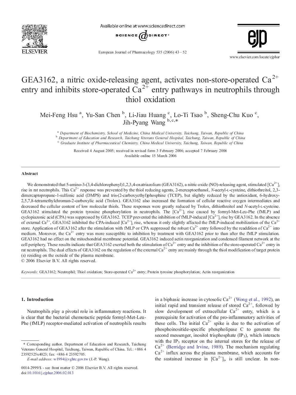 GEA3162, a nitric oxide-releasing agent, activates non-store-operated Ca2+ entry and inhibits store-operated Ca2+ entry pathways in neutrophils through thiol oxidation