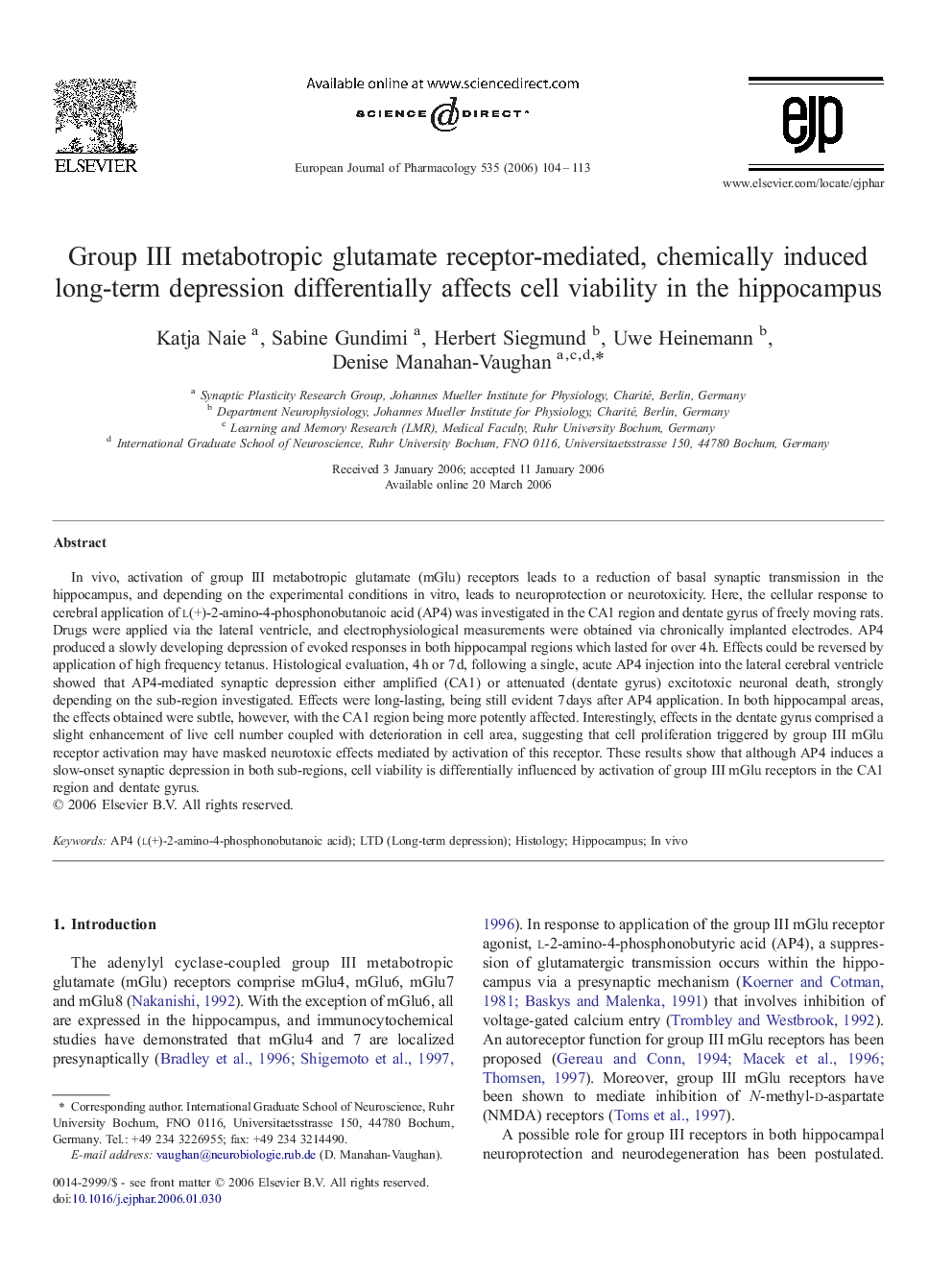 Group III metabotropic glutamate receptor-mediated, chemically induced long-term depression differentially affects cell viability in the hippocampus