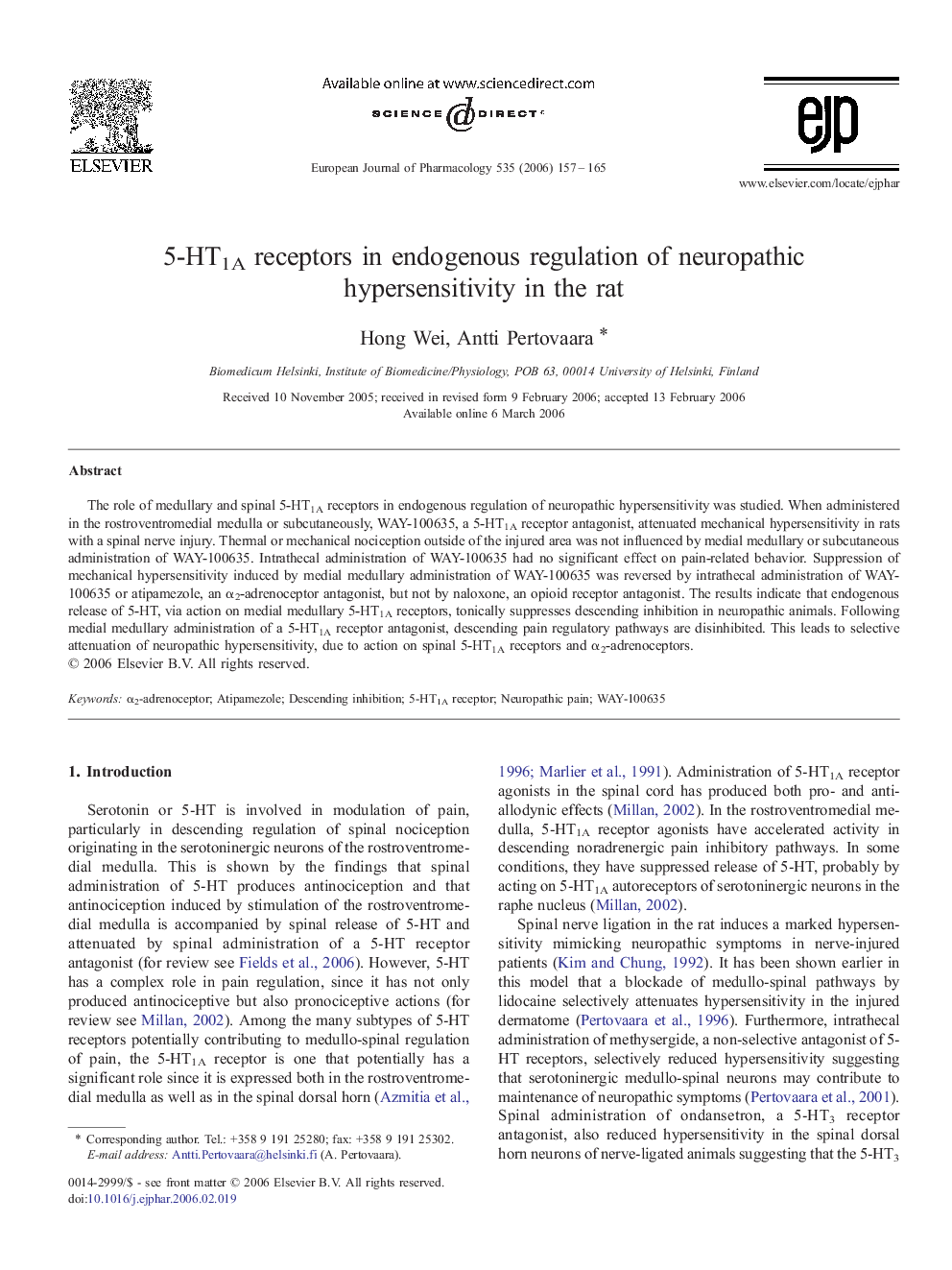 5-HT1A receptors in endogenous regulation of neuropathic hypersensitivity in the rat