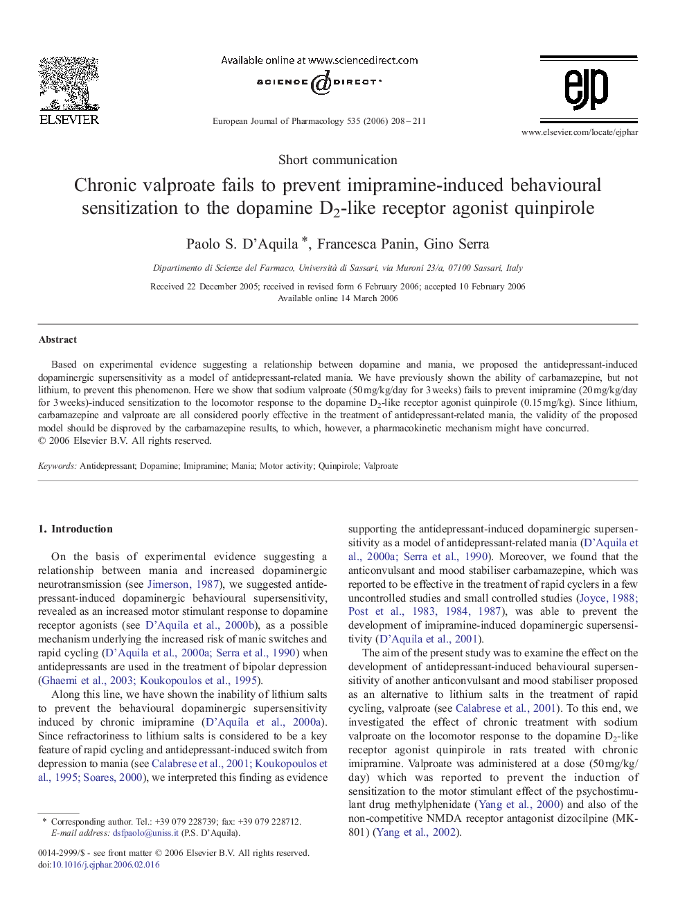 Chronic valproate fails to prevent imipramine-induced behavioural sensitization to the dopamine D2-like receptor agonist quinpirole