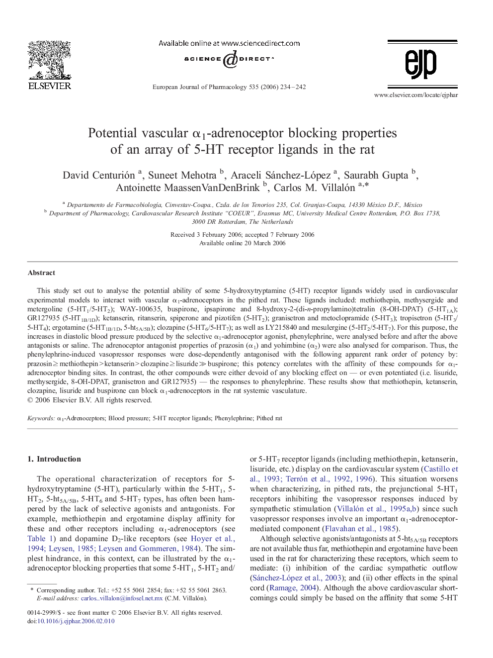 Potential vascular α1-adrenoceptor blocking properties of an array of 5-HT receptor ligands in the rat