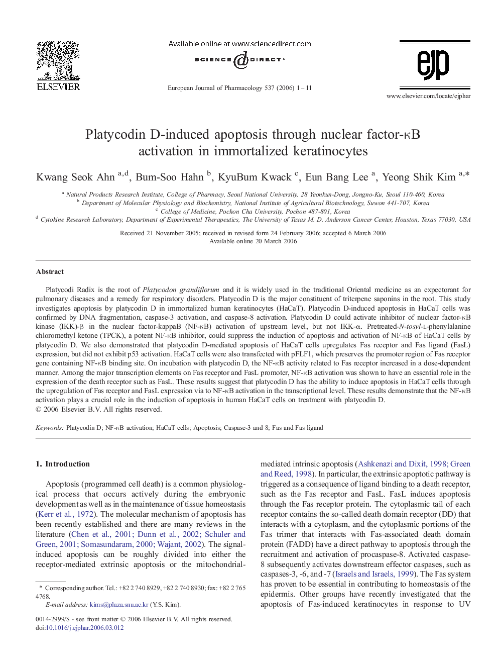 Platycodin D-induced apoptosis through nuclear factor-κB activation in immortalized keratinocytes