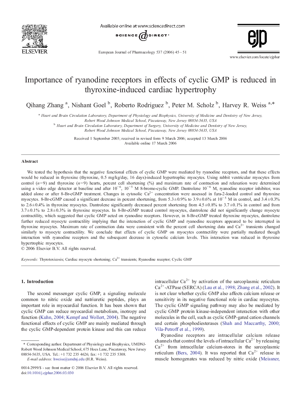 Importance of ryanodine receptors in effects of cyclic GMP is reduced in thyroxine-induced cardiac hypertrophy