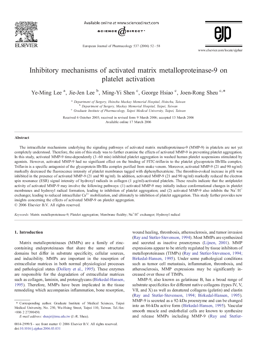 Inhibitory mechanisms of activated matrix metalloproteinase-9 on platelet activation