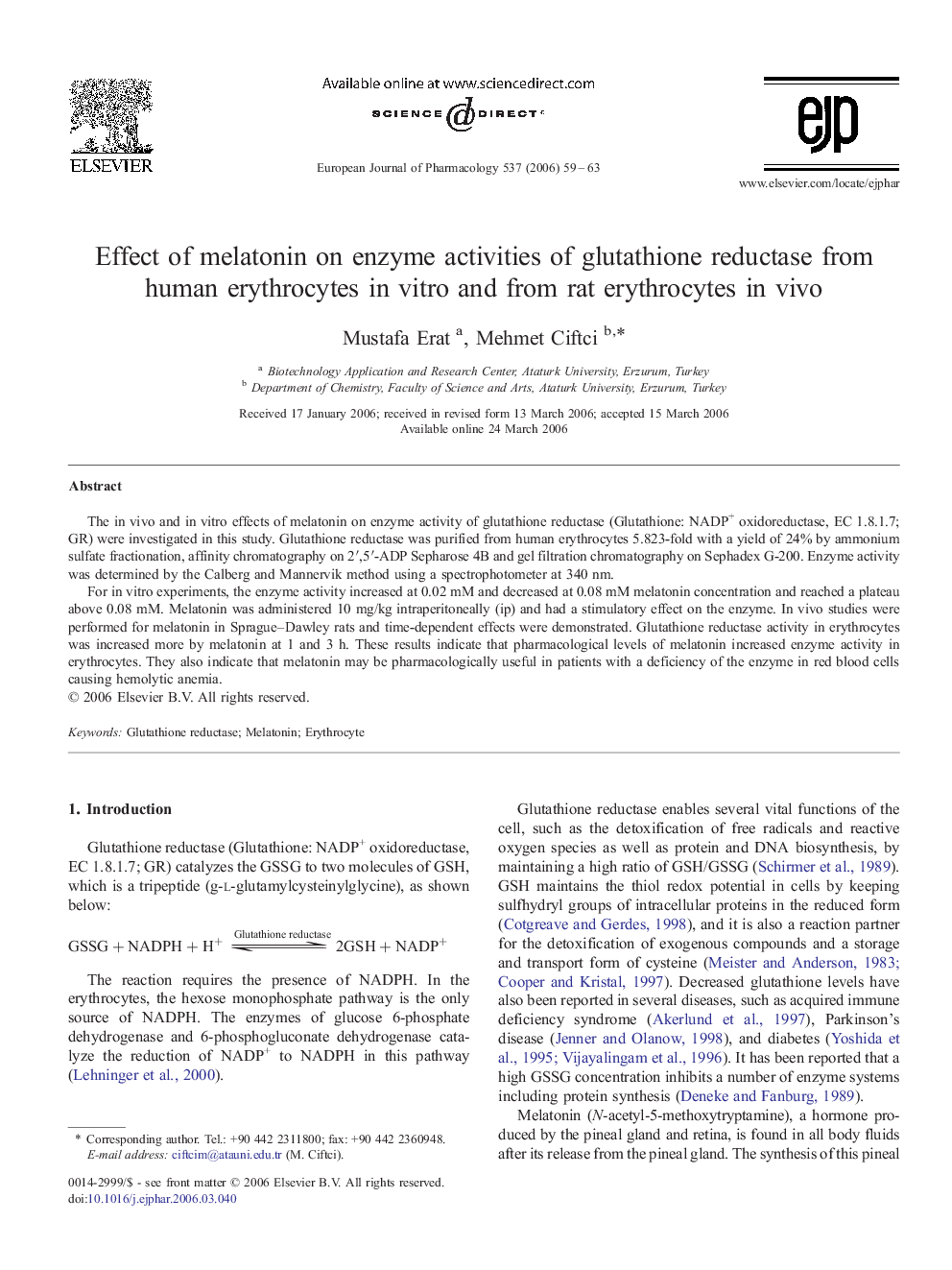 Effect of melatonin on enzyme activities of glutathione reductase from human erythrocytes in vitro and from rat erythrocytes in vivo