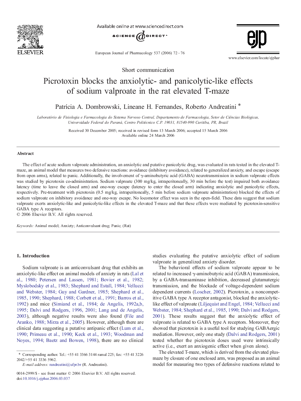 Picrotoxin blocks the anxiolytic- and panicolytic-like effects of sodium valproate in the rat elevated T-maze