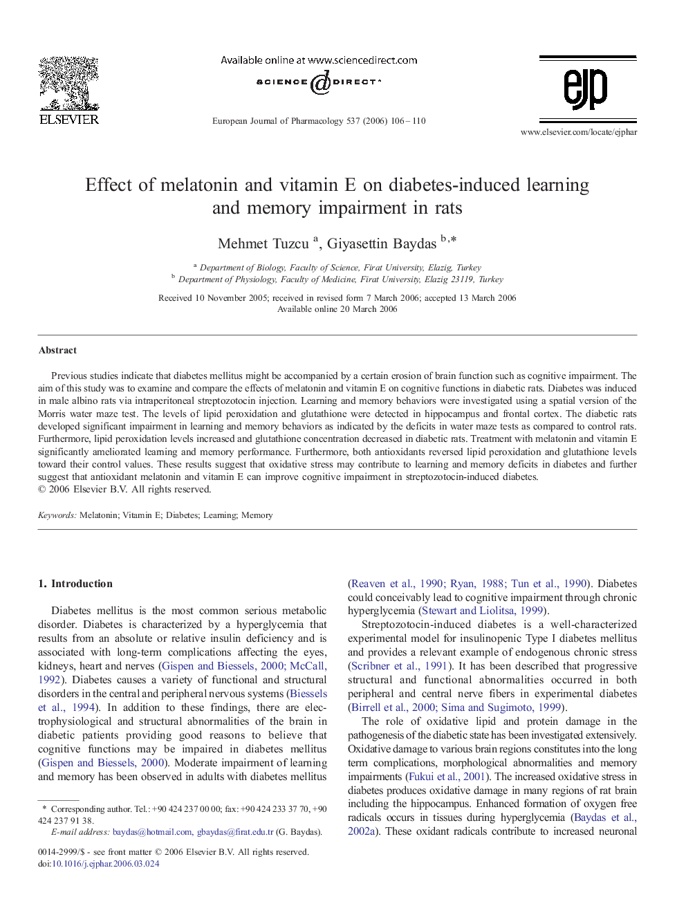 Effect of melatonin and vitamin E on diabetes-induced learning and memory impairment in rats