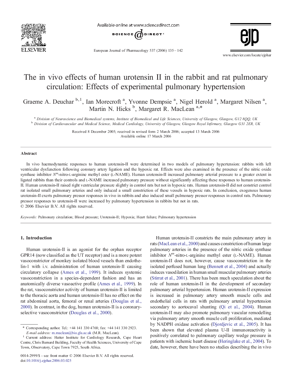 The in vivo effects of human urotensin II in the rabbit and rat pulmonary circulation: Effects of experimental pulmonary hypertension