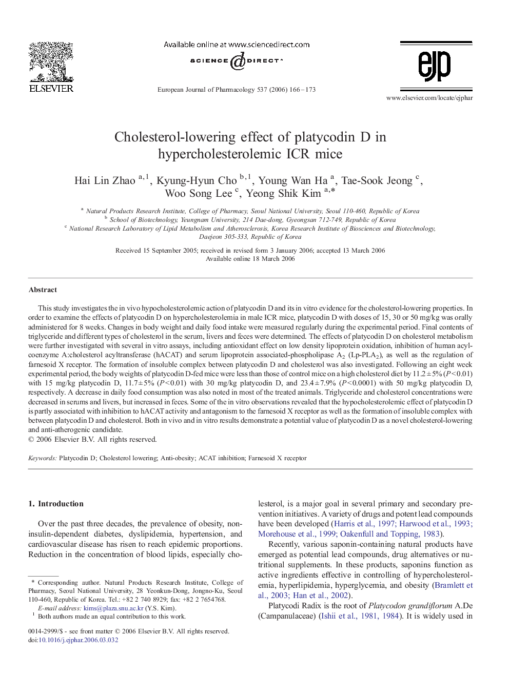 Cholesterol-lowering effect of platycodin D in hypercholesterolemic ICR mice